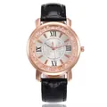 Elegant rose gold ladies quartz watch with rhinestone bezel and black embossed leather strap - Black