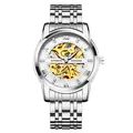 Kimsdun men's automatic mechanical watch with silver skeleton dial and metal strap - Silver Case White Face - Steel Strap
