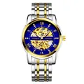 Luxury skeleton automatic mechanical watch with blue dial and two-tone steel band - Two-Tone Blue Face - Steel Strap