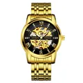 Kimsdun luxury gold-tone skeleton automatic mechanical wristwatch for men with link bracelet - Gold Case Black Face - Steel Strap