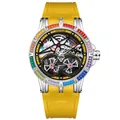 Montre de sport jaune pour hommes avec lunette en pierres arc-en-ciel et cadran squelette - Lunette Arc-en-ciel - Boîtier Argent Bracelet Jaune
