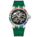Montre squelette verte premium pour homme avec lunette en cristal arc-en-ciel - Lunette Arc-en-ciel - Boîtier Argent Bracelet Vert