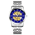 Luxury men's automatic mechanical skeleton watch featuring a blue dial and silver steel strap - Silver Case Blue Dial - Steel Band