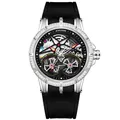 Montre squelette automatique Jemsdun pour hommes avec lunette diamant et bracelet noir - Lunette Strass Blanc - Boîtier Argent Bracelet Noir