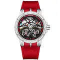Montre de sport squelette rouge de luxe pour hommes avec lunette en argent sertie de cristaux - Lunette Strass Blanc - Boîtier Argent Bracelet Rouge