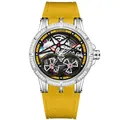 Montre automatique squelette luxe pour homme avec bracelet jaune et lunette en diamant - Lunette Strass Blanc - Boîtier Argent Bracelet Jaune