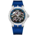 Montre de sport pour hommes style squelette avec bracelet bleu et lunette en cristal - Lunette Strass Blanc - Boîtier Argent Bracelet Bleu