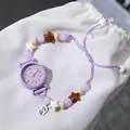 Cute purple beaded bracelet watch with star charms and adjustable drawstring strap - Drawstring Bracelet Watch / Purple