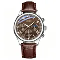 Detail view of a men's business quartz watch with brown dial and leather strap - Leather Strap with Roman Numeral Dial / Coffee Bamboo Pattern Style