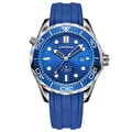Kimsdun automatic mechanical diving watch with blue wave dial and blue rubber strap - Silver Case Blue Bezel Blue Dial