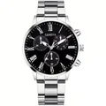 Business casual men's Geneva quartz watch with silver steel strap and black dial - Steel Band with Roman Numeral Dial (3117) / Silver Roman Style