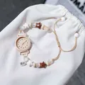 Elegant beaded bracelet watch with cute star charms and adjustable drawstring strap - Drawstring Bracelet Watch / Apricot