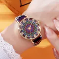 Close-up of bohemian ladies quartz watch with colorful mandala dial and woven strap - Mandala Pattern 2 (Style 2)