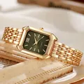 Elegante goldene Damen-Armbanduhr mit quadratischem grünem Zifferblatt und Stahlband - Gold Grünes Zifferblatt