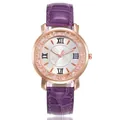 Detail view of rose gold women's watch with purple faux leather strap and crystal bezel - Purple