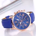 Close-up of Geneva women's quartz watch with blue leather strap and rose gold case - Sapphire Blue