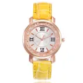 Elegant rose gold quartz watch with a vibrant yellow leather strap and rhinestone bezel - Yellow