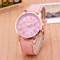 Elegant pink leather strap women's quartz watch featuring rose gold case and Roman numerals - Pink