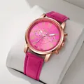 Elegant women's quartz watch with pink leather strap and rose gold Roman numeral dial - Rose Red