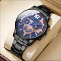 Men's business quartz watch with black stainless steel strap and blue rose gold dial - Black With Rose Gold Lettering
