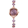 Rose gold women's watch with purple crystal leaf bracelet and quartz movement - Purple Character