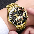 Luxurious gold-tone stainless steel men's chronograph watch with luminous hands and date - Gold Black Dial