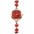 Elegant rose gold bracelet watch with red leaf rhinestones and a crimson round dial. - Red Style