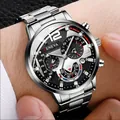 Classic men's Geneva watch featuring a black chronograph dial and stainless steel band - Silver