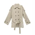 Elegante gabardina beige de doble botonadura para mujer con un cinturón elegante - M / Tops / Gris Beige