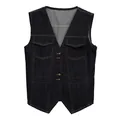 Gilet en jean bleu foncé vintage pour femmes avec coutures contrastées et poches - Bleu Denim