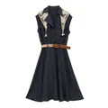 Sleeveless A-line dress in navy blue with elegant horse-print scarf and waist belt - S / Dresses / Denim Blue
