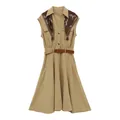 Khaki sleeveless lapel dress featuring a printed horse scarf and a matching waist belt. - S / Dresses / Khaki