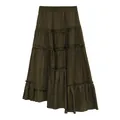 Dark olive green irregular tiered maxi skirt with comfortable elastic waist - Green