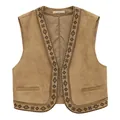 Nomadisch etnische stijl damesvest met V-hals in bruine suèdelook met geborduurde details - M / Tops / Khaki