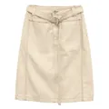 Beige straight-cut denim midi skirt with matching waist belt and decorative stitching - S / Beige