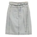 Light blue high-waisted straight denim skirt with a matching fabric belt and metal buckle - M / Light Blue