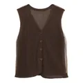 Dark brown mesh knit sleeveless vest with V-neck, button-down front and sheer trim - S / Tops / Coffee