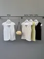 V-neck mesh patchwork knitted vest for women in white apricot yellow coffee colors - S / Tops / Apricot