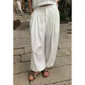 Casual white lyocell tencel wide-leg lantern trousers for women, lightweight summer style - S / Bottoms / White