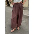 Stylish brown lyocell tencel casual lantern wide-leg trousers for women SKU view - Brown