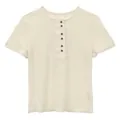Cream white Tencel linen blend knit Henley neck short sleeve summer T-shirt for women - S / Tops / White