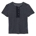 Women's navy blue and white horizontal striped Tencel linen blend Henley T-shirt - S / Tops / Royal Blue Stripes