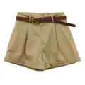 Pantalones cortos casuales kaki de cintura alta con dobladillo y cinturón marrón - S / Bottoms / Caqui