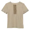 Khaki Tencel linen blend knitted short sleeve T-shirt with button placket for women - S / Tops / Oatmeal