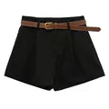 Pantalones cortos negros plisados de cintura alta para mujer con cinturón marrón - S / Bottoms / Negro