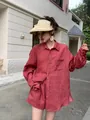 Lightweight red tencel ramie long sleeve shirt and shorts set for women's summer wear. - One Size / Tops / Red