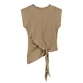 Minimalist brown knit T-shirt featuring a stylish knot tie and asymmetrical hem design. - S / Tops / Khaki