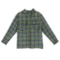 Lightweight green plaid hooded shirt jacket for women made of breathable ramie - One Size / Tops / Navy and Light Gray