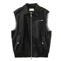 Sleeveless black PU leather vest for women featuring delicate white lace lining detail - Black