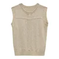 Women's beige linen-blend sleeveless knit vest with round neck and rib-knit trim - S / Tops / Oatmeal